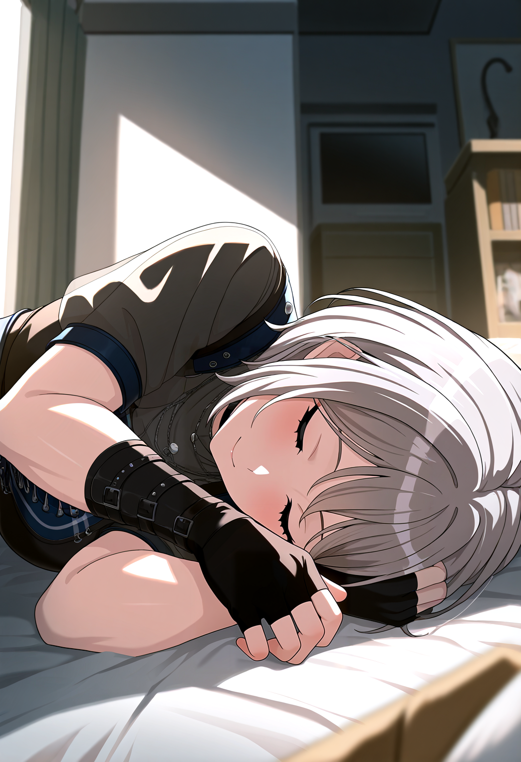 very awa, masterpiece, best quality, year 2024, newest, highres, absurdres, <lora:age_slider_v4:3> <lora:thicc_v1.4-pony:1.2>,detailed_background,indoors,on side,grey hair,black gloves,closed eyes,sleeping,short hair,short sleeves,fingerless gloves,1girl,bang dream! it&