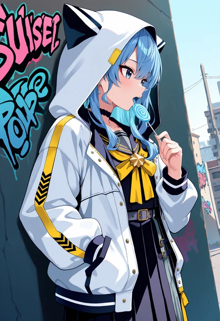 masterpiece, best quality, 1girl, solo, cowboy shot, leaning on wall, dutch angle, graffiti, urban, holding blue lollipop, looking away, hoshimachi suisei \(school uniform\), white hoodie, hood up, eyeliner, open clothes, black serafuku, black skirt, yellow bow, hand in pocket, blue tongue