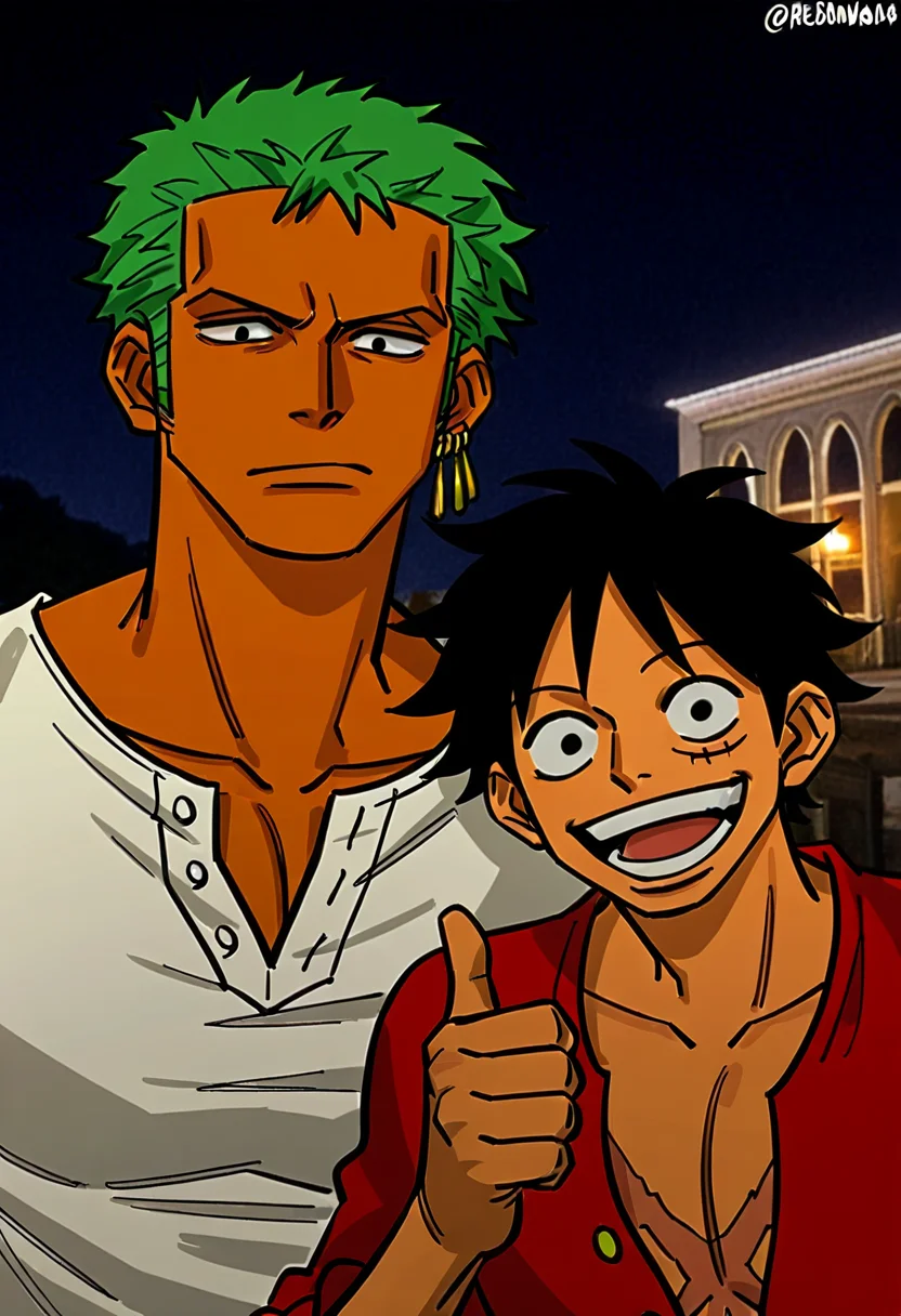 looking at viewer, smile, open mouth, short hair, shirt, black hair, closed mouth, jewelry, white shirt, upper body, male focus, earrings, multiple boys, green hair, 2boys, black eyes, night, scar, pectorals, red shirt, scar on face, single earring, toned, sideburns, scar across eye, scar on cheek, thumbs up, toned male, pectoral cleavage, side-by-side, photo background, scar on chest, monkey d. luffy, roronoa zoro <lora:photo_background:0.8>