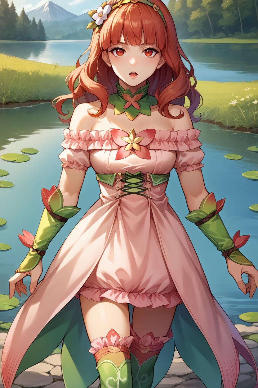 score_9, score_8_up, score_7_up, score_6_up, source_anime, BREAK 1girl, solo, <lora:fecelica-pdxl-nvwls-v1-000005:1> respCeli, red hair, red eyes, green hairband, hair flower, detached collar, green collar, pink dress, gradient clothes, frills, bridal gauntlets, thigh boots, lake, walking, looking at you, chestnut mouth