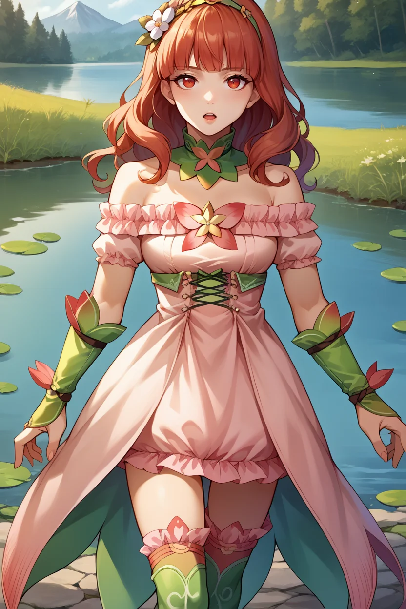 score_9, score_8_up, score_7_up, score_6_up, source_anime, BREAK 1girl, solo, <lora:fecelica-pdxl-nvwls-v1-000005:1> respCeli, red hair, red eyes, green hairband, hair flower, detached collar, green collar, pink dress, gradient clothes, frills, bridal gauntlets, thigh boots, lake, walking, looking at you, chestnut mouth