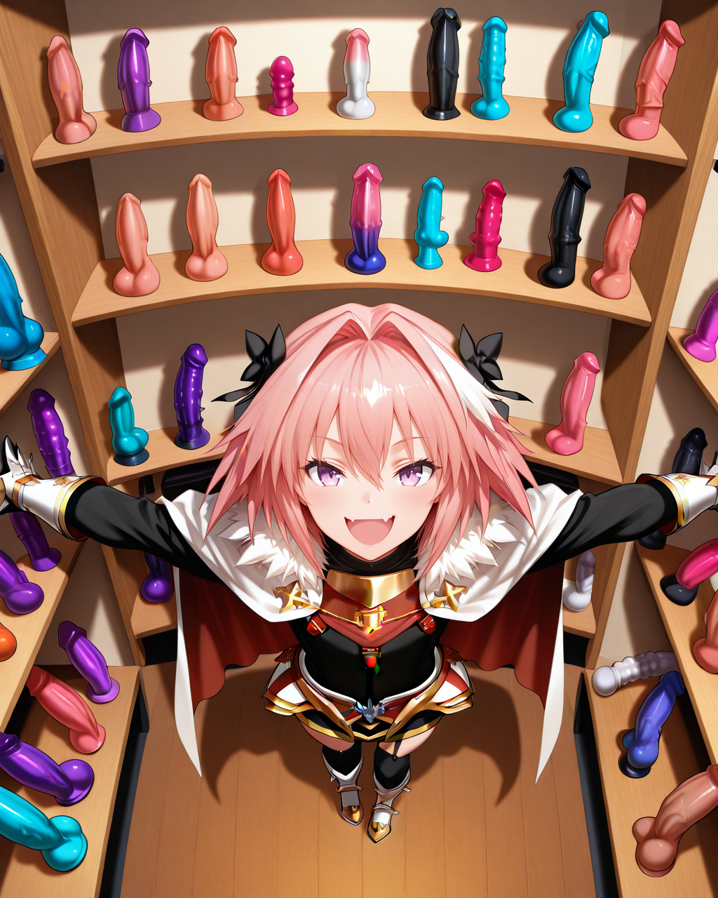 masterpiece,best quality,higres illustration,detailed face,<lora:collectionshelf_IL:1.1>,shelf,smile,dildo,astolfo \(fate\),open mouth,smug,cape,from above,spread arms,
