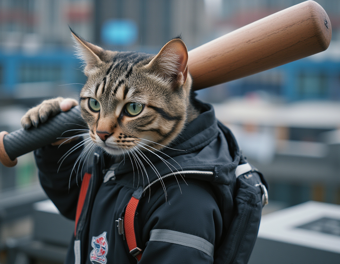 <lora:testo1:1> cyberpuk, cat with a baseball bat
