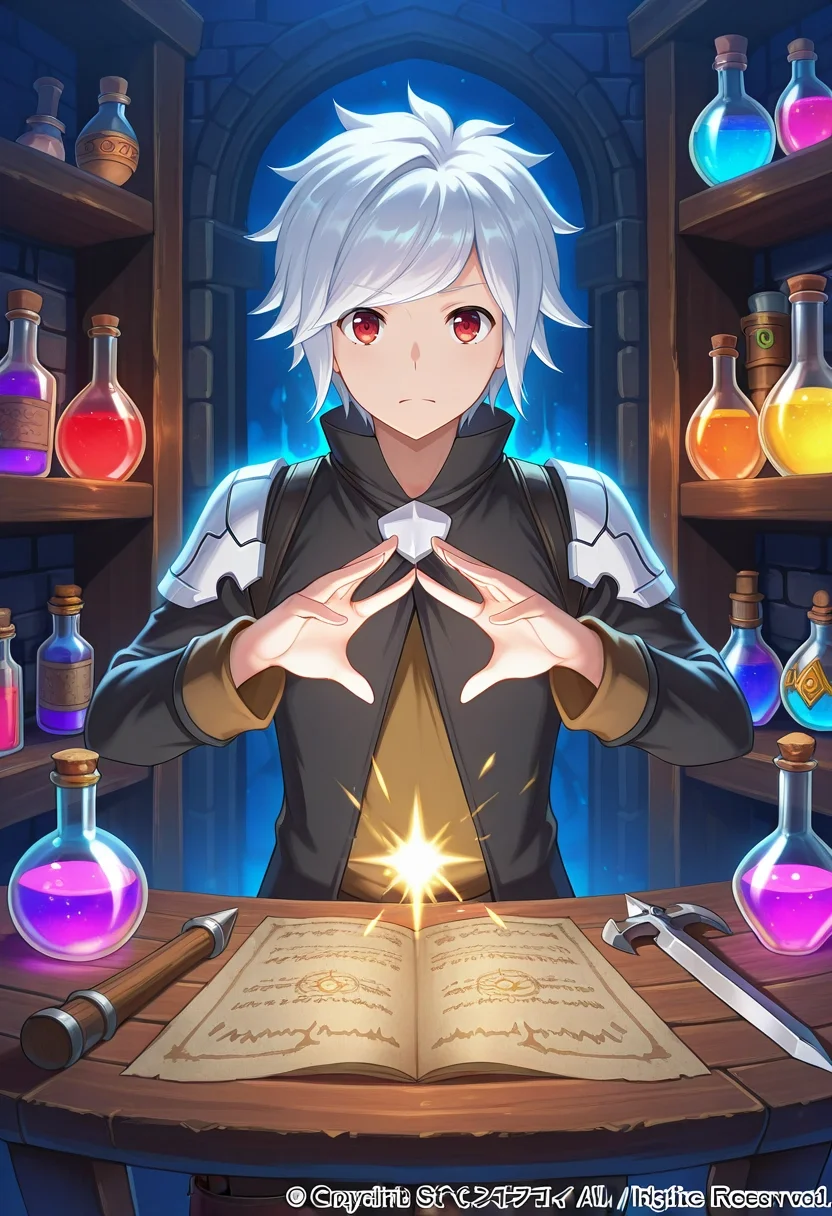 masterpiece, best quality, , , , 1boy, solo, male focus, <lora:bell_cranel_ilxl:0.96>, bell_cranel, white hair, red eyes, short hair, mystic workshop, potion shelves, spell scrolls, enchanted tools, crafting pose, creative expression, magical lighting,