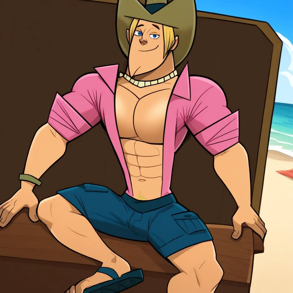 score_9, score_8_up, score_7_up, (((absurdres))), detailed background, beach background, easynegative, takezamurai, ((solo, 1boy)), light skinned male, male, cartoonish style, geoff_tdi, broad shoulders, athletic build, abs, blonde hair, blue eyes, cowboy hat, pink shirt, open clothes, blue shorts, sandals, male focus, looking at viewer