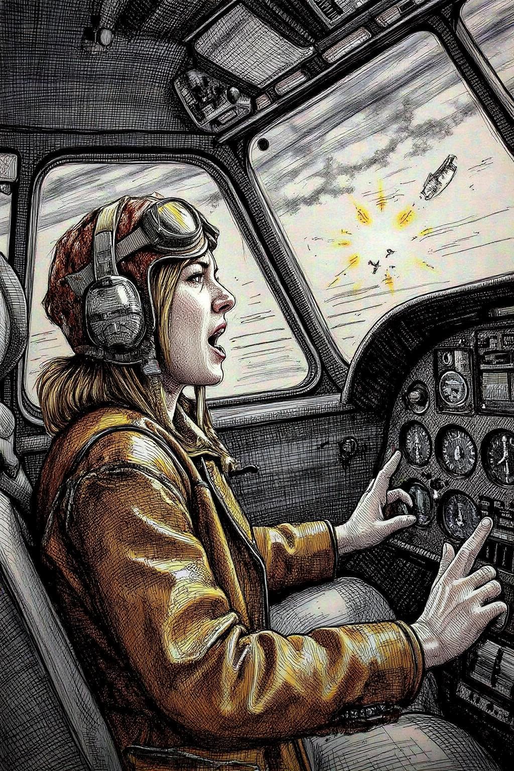 crosshatch black and white drawing.
impasto oil painting. a female pilot screaming inside the cockpit of a WWII bomber. The pilot, wearing a vintage leather flight helmet with goggles and a brown bomber jacket, grips the controls with white-knuckled hands. Her face is contorted in a mix of fear and determination as she yells, her eyes wide with adrenaline. The cockpit is cramped and filled with old-fashioned dials and gauges, with the outside view showing dark stormy clouds and distant anti-aircraft fire. The scene is lit by the eerie glow of the instrument panel, casting harsh shadows across her face, emphasizing the intensity and danger of the moment. High contrast, dynamic composition, gritty and realistic, with a cinematic feel.
 <lora:crosshatch1_nocap_d6a3:1.0><lora:807663231586886655:0>