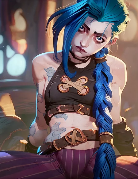 score_9, score_8_up, score_7_up,score_9, score_8_up, score_7_up, <lora:Jinx:0.75>,1girl, j1nx, blue hair, pale skin, chocker, crop top, blue eyes, long blue pigtails, tattoo, purple striped pants, belt