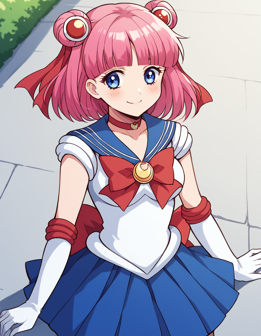 score_9, score_8_up, score_7_up, source_anime, <lora:nnakano-s1-ponyxl-lora-nochekaiser:1>, short hair, bangs, blue eyes, hair ornament, hair ribbon, pink hair, blunt bangs, two side up, butterfly hair ornament, mature female,, <lora:sailor-moon-cosplay-ponyxl-lora-nochekaiser:1>, sailormooncosplay, sailor moon \(cosplay\), back bow, blue sailor collar, blue skirt, boots, bow, brooch, choker, crescent moon, elbow gloves, gloves, jewelry, knee boots, magical girl, pleated skirt, red bow, red choker, ribbon, sailor collar, sailor senshi uniform, skirt, white gloves,,, outdoors, streets, smile, blush,, cowboy shot, dutch angle, solo,