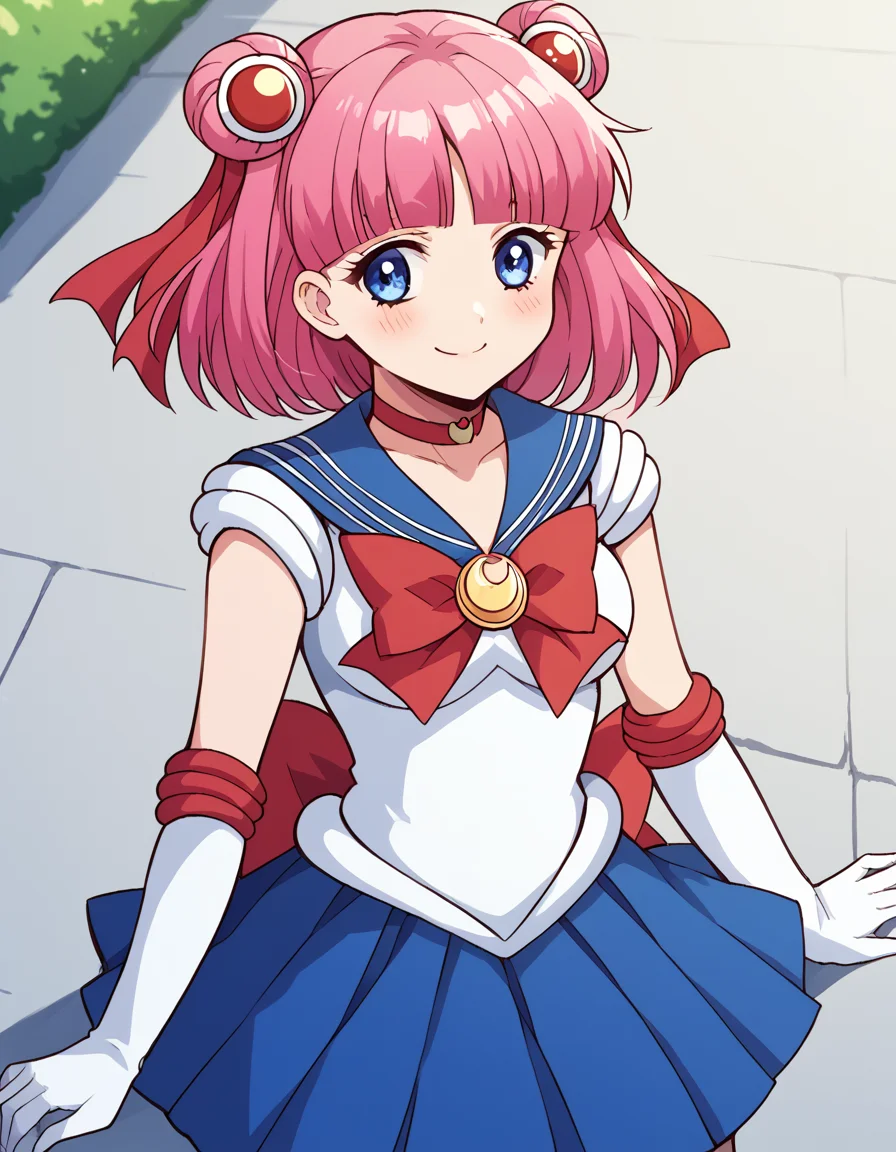 score_9, score_8_up, score_7_up, source_anime, <lora:nnakano-s1-ponyxl-lora-nochekaiser:1>, short hair, bangs, blue eyes, hair ornament, hair ribbon, pink hair, blunt bangs, two side up, butterfly hair ornament, mature female,, <lora:sailor-moon-cosplay-ponyxl-lora-nochekaiser:1>, sailormooncosplay, sailor moon \(cosplay\), back bow, blue sailor collar, blue skirt, boots, bow, brooch, choker, crescent moon, elbow gloves, gloves, jewelry, knee boots, magical girl, pleated skirt, red bow, red choker, ribbon, sailor collar, sailor senshi uniform, skirt, white gloves,,, outdoors, streets, smile, blush,, cowboy shot, dutch angle, solo,