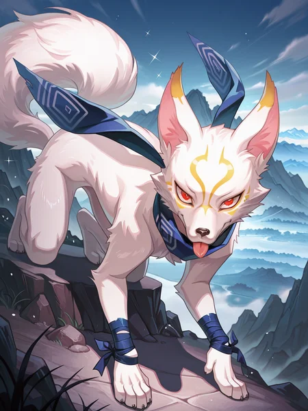 masterpiece, best quality, amazing quality,feral,fox,
k@nk0,fox boy,1boy,solo,male focus,red eyes,gold facial mark,facial mark,blue scarf,wrist bandages,closed mouth,tongue out,happy,all fours,looking at viewer,mountain, sparkles, sparkle,
<lora:Kanko_IL:1>