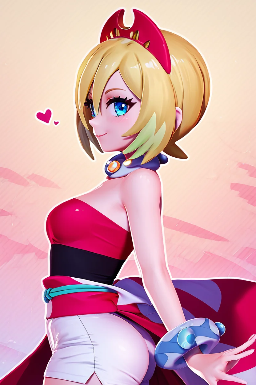 score_9, score_8_up, score_8, medium breasts, (curvy), cute, eyelashes, BREAK, , zzIrida, blonde hair, blue eyes, short hair, bangs, hair between eyes, red hairband, bracelet, neck ring, red shirt, sash, solo, strapless shirt, white shorts, waist cape, <lora:Irida_Pokemon_PDXL_Citron:0.8>, BREAK, smile, looking at viewer, cowboy shot, side view, ass, ,,, embedding:zPDXL, Expressiveh, ,,, <lora:Zy0n7_PDXL:0.8>, <lora:SDXLFaeTastic2400:0.5>, <lora:Expressive_H-000001:0.4>,