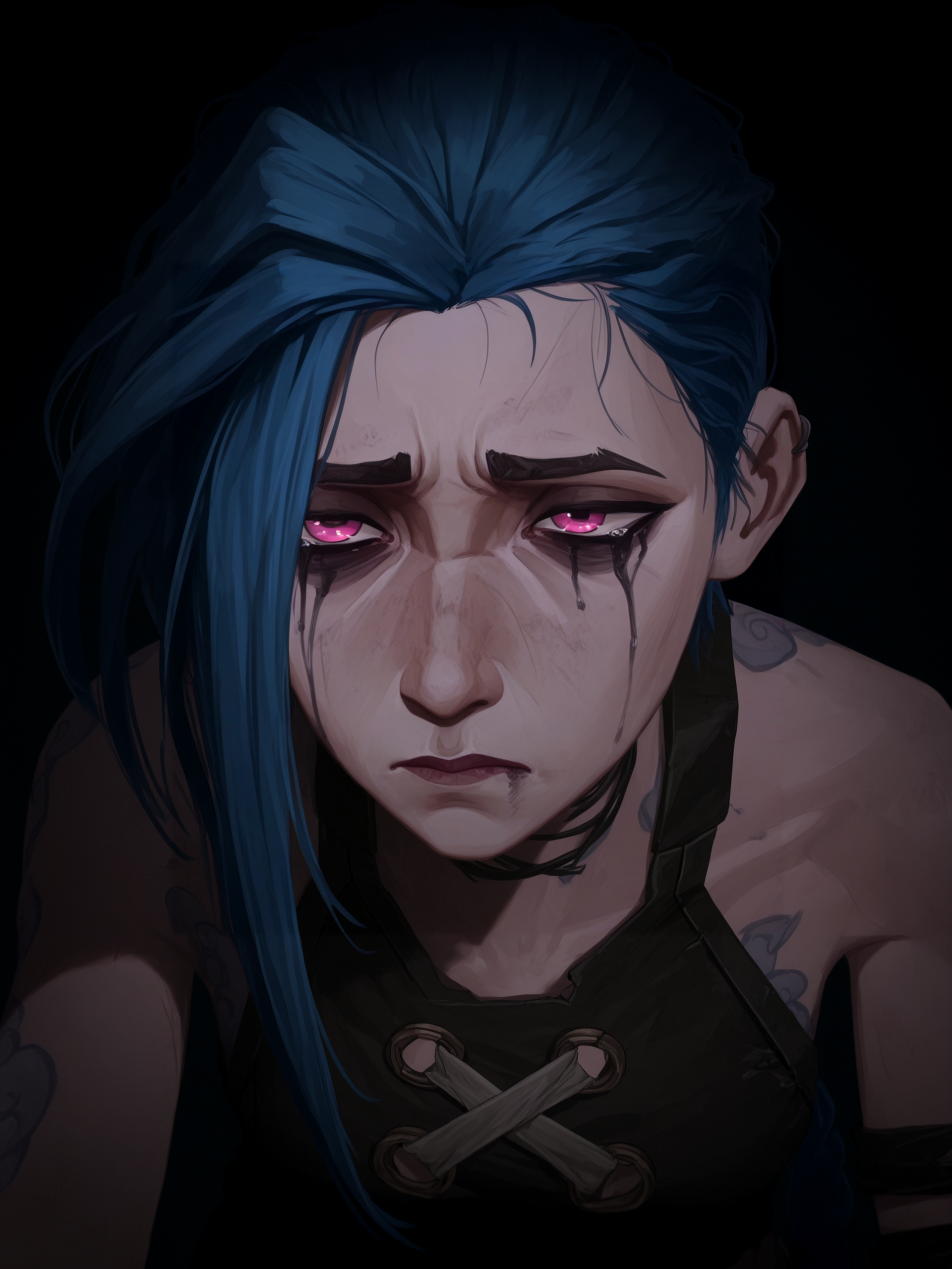 masterpiece, best quality,gritty,arcane: league of legends, digital drawing,arcane jinx, pink eyes,pink tears,runny makeup,sad, <lora:Arcane_V2:0.75> arcanstyle,