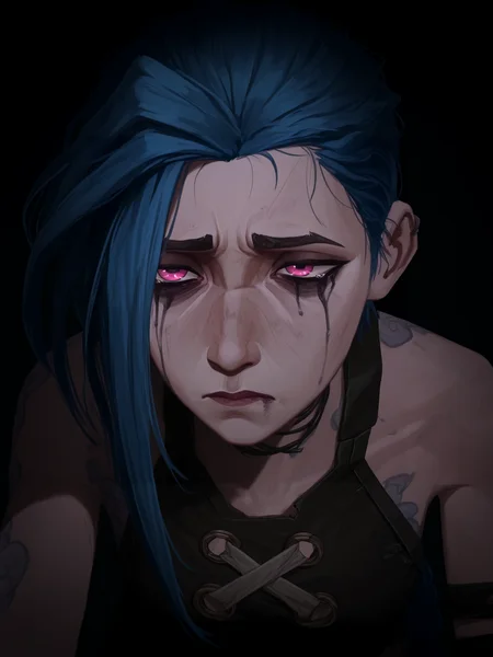 masterpiece, best quality,gritty,arcane: league of legends, digital drawing,arcane jinx, pink eyes,pink tears,runny makeup,sad, <lora:Arcane_V2:0.75> arcanstyle,
