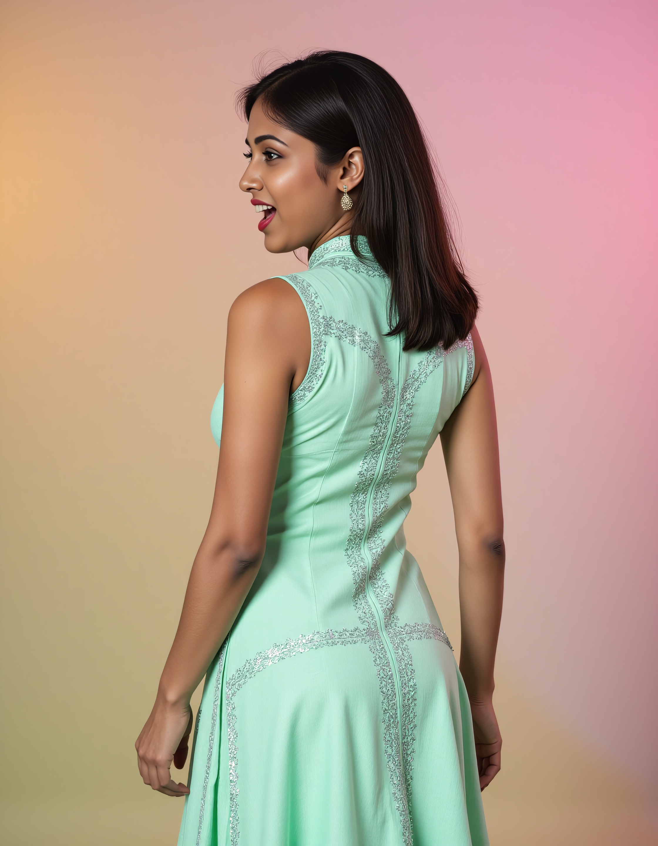 from behind,looking back photo of de51 medium woman, thin waist with hourglass figure, hyper realistic candid photo, shouting,studio quality, wearing intricate conservative sleeveless Mint Green Churidar Suit, pixie, pastel shaded multicolored background, cinematic lighting,  <lora:Desi_Coffee_Flux_Kohya_LoRA_v3:0.8>âââ