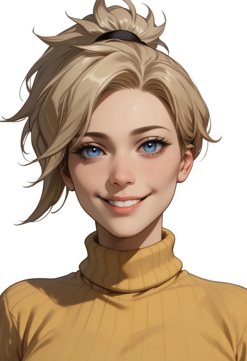 score_9, score_8_up, score_8, score_7_up, score_7, ((close up)), face focus, Expressiveh
BREAK
1girl, solo, mrcy, short hair, high ponytail, large breasts, looking at viewer, head tilt, seductive look, aroused, horny, standing, yellow turtleneck sweater, light smile
BREAK
white background
