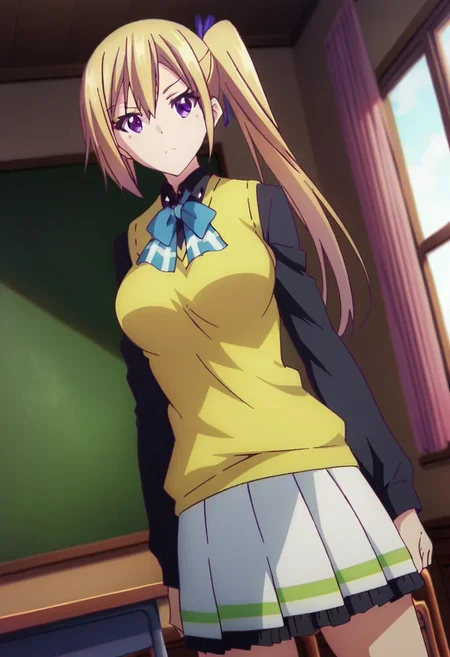 score_9, score_8_up, score_7_up, source_anime BREAK, 1girl, kmai, solo, long hair, blonde hair, side ponytail, mole, mole under eye, school uniform, ribbon, hair ribbon, skirt, sweater vest, breasts, large breasts, purple eyes, classroom, looking at viewer, cowboy shot, dutch angle