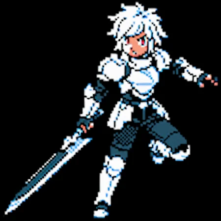 score_9,score_8_up,score_7_up,source_anime,cute,pixel art,sprite,(solo:1.2),<lora:pkm_gen02_data01_v01:0.8>,gn2pk,best quality,black background,full body,centered,<lora:bell_cranel_ilxl:0.7>,bell_cranel,white hair,red eyes,short hair,holding blade,battle armor,