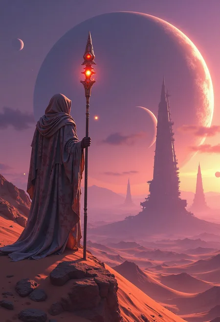 Visualize a lone figure standing atop a massive sand dune on an alien desert planet, where the sky is a deep, otherworldly purple, filled with enormous planets, moons, and asteroids floating close to the horizon. The nomad is cloaked in tattered, flowing robes that are streaked with the colors of the setting sun, and their face is obscured by a glowing visor. Their staff, tall and ancient, is embedded with glowing gemstones that pulse with energy as they channel the power of the planet's magnetic fields. Around them, the sands shift and swirl as if alive, forming shapes that resemble creatures long forgotten. In the distance, colossal, derelict starships rise from the dunes, half-buried relics of a forgotten war, their metal hulls covered in centuries of sand and dust.