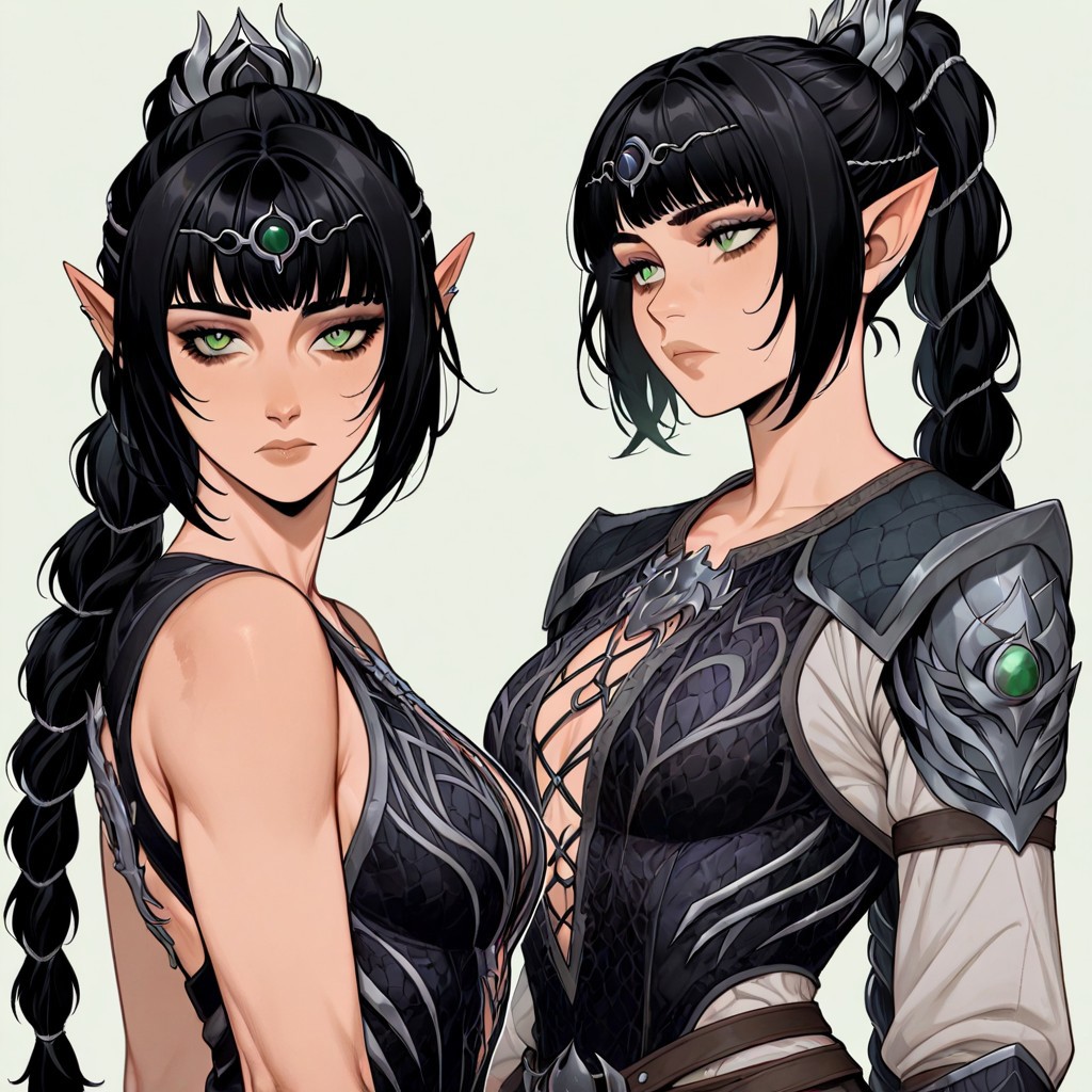 masterpiece, best quality, newest, absurdres, highres, FCOMV1.0, 1girl, shadowheart \(baldur's gate\), long braid, elf, pointy ears, black hair, braid, side bangs, green eyes,