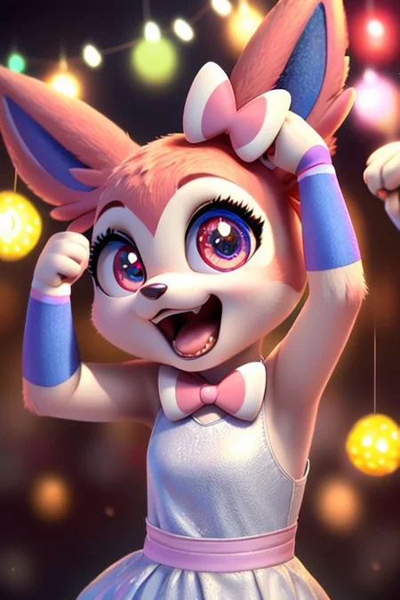 neko, girl, cute, Disney Pixar style Sylveon Pokemon, highly detailed, fluffy, big eyes, beautiful, soft, ultra high quality octane render, hooray, arms up, yay, celebrate, excited, happy, victory, good hands, best hands,