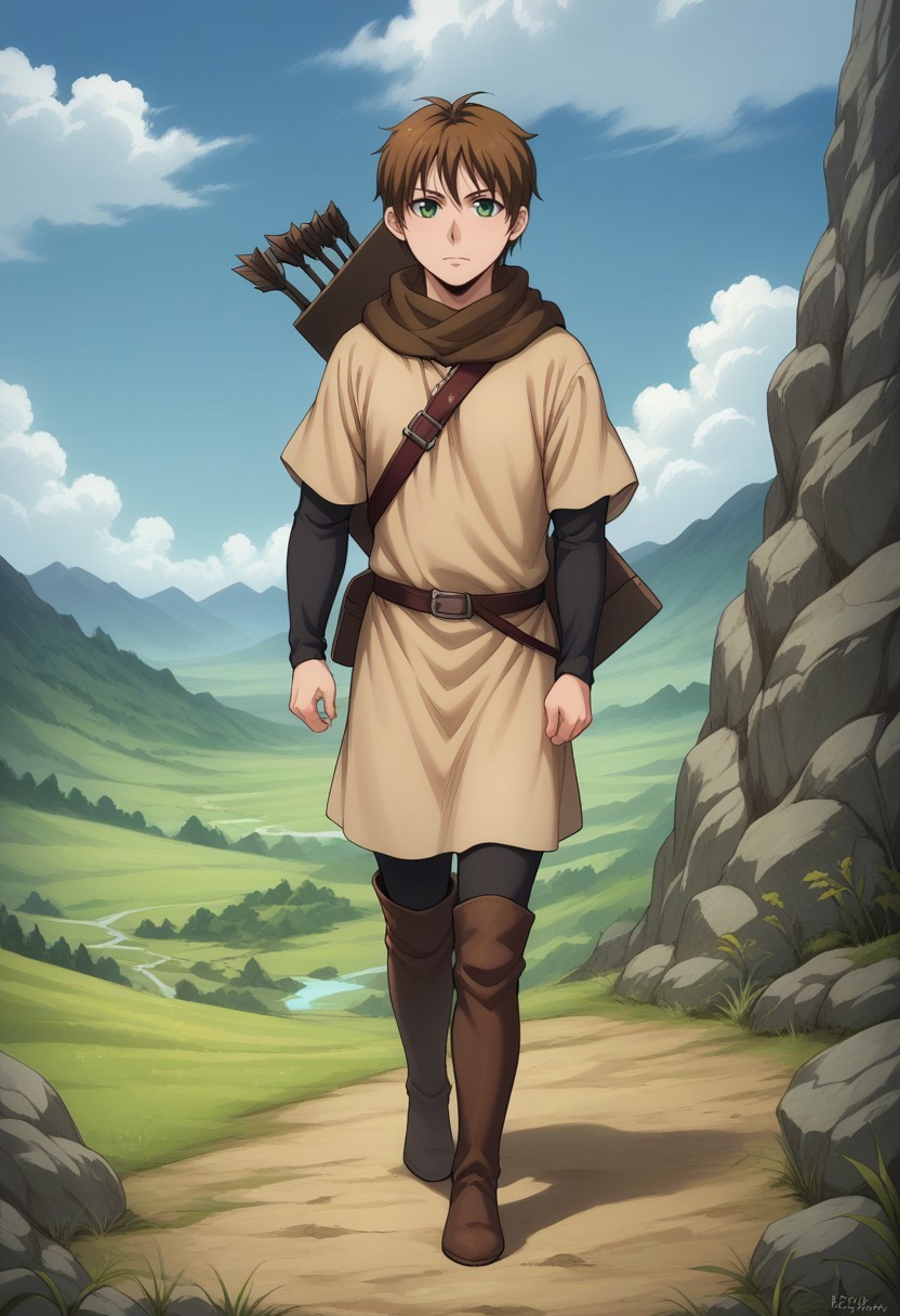 score_9, score_8_up, score_7_up, source_anime, highly detailed, 

elam, 1boy, solo, male focus, brown hair, quiver, arrow (projectile), green eyes, boots,
thighhighs, thigh boots, scarf, full body, tunic, short over long sleeves, 

outdoor, mountains, sky, clouds, wind, 