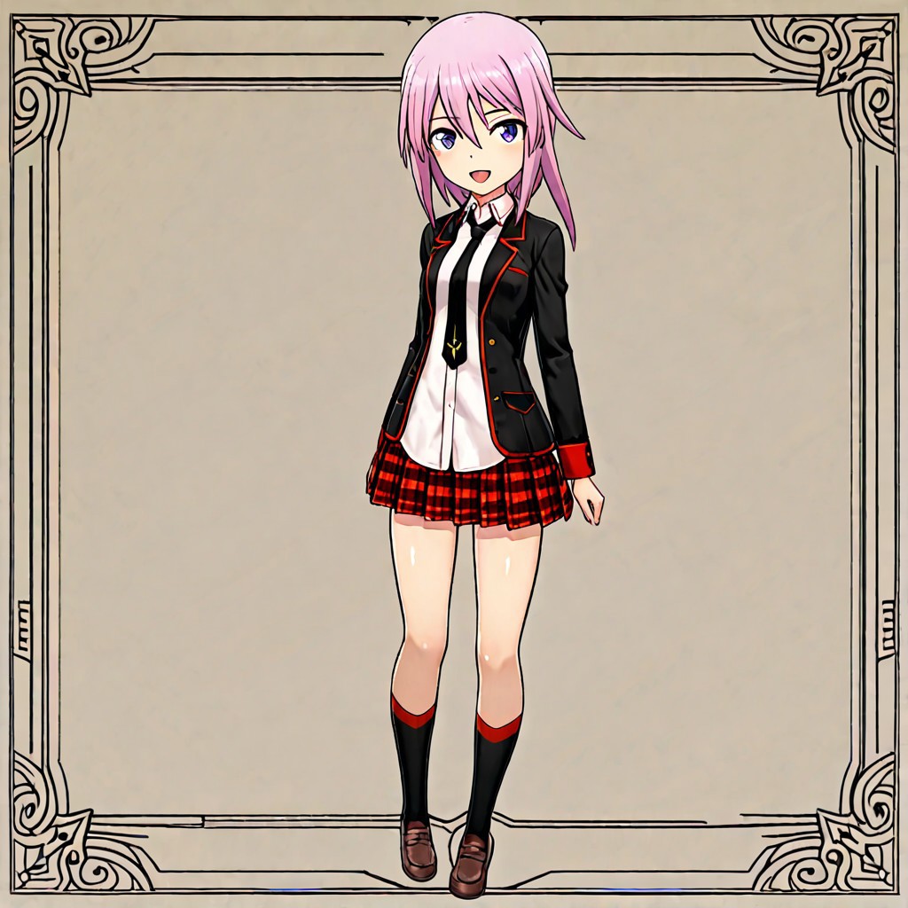 shiny skin,,1girl,,solo, score_9, score_8_up, score_7_up, source_anime,anime screencap,:d,smile,shimada fumikane (style),official costume,yotsuyu,pink hair,full,ashihara_h,black jacket,open jacket,black necktie,untucked_shirt,plaid skirt,black socks,brown loafer,ng_deepnegative_v1_75t,an14