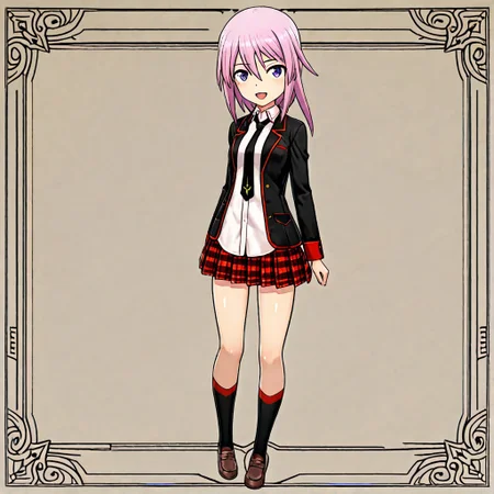 shiny skin,,1girl,,solo, score_9, score_8_up, score_7_up, source_anime,anime screencap,:d,smile,shimada fumikane (style),official costume,yotsuyu,pink hair,full,ashihara_h,black jacket,open jacket,black necktie,untucked_shirt,plaid skirt,black socks,brown loafer,ng_deepnegative_v1_75t,an14