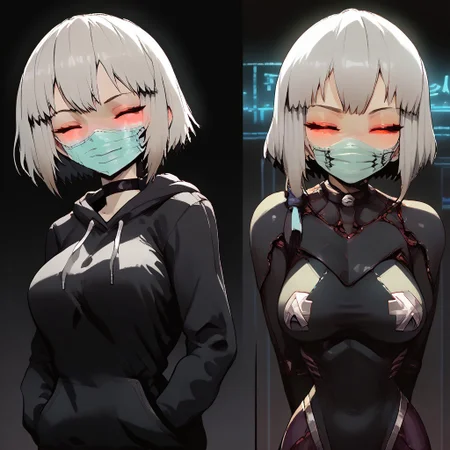 charturnerv2, score_9, score_8_up, score_7_up, source_anime BREAK 1girl, multiple views, before and after, leotard, looking at viewer, acidic splash dark background, uzaki tsuki, grey hair, noodle short hair, closed eyes, standing, large breasts, perky breasts, great cleavage, smile, blush, pasties, choker, hands in pockets, hoodie, 2koma, thighhighs, elbow gloves, reverse outfit, arms behind back, motherly side plait, ((surgical mask)), amazing design character, blazing hoodie, 3DMM, g0th1c, glowing, neon lights, glowing eyes, BSDBN, sinozick style