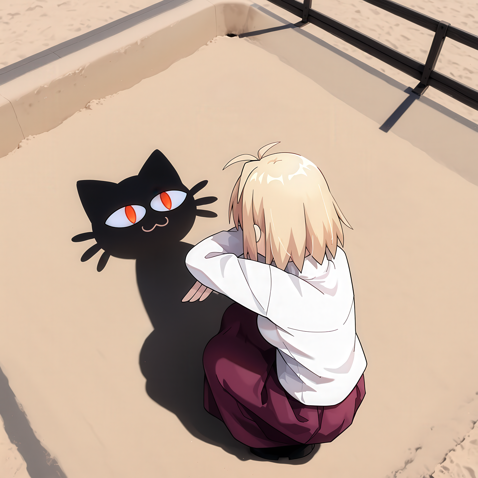 nakkar, catshadow, <lora:catshadow:0.8>, very wide shot, sandbox, masterpiece, best quality,
1girl,arcueid brunestud,mature female, aged up,facing away,from above,squatting,from behind,shadow,full body,white turtleneck shirt, maroon skirt, long skirt, small breasts,BREAK
(((shadow))), long shadow, different shadow, neco-arc, cracen, :3, slit pupils, black shadow, red pupils, meme,  <lora:necoarc-guy90-Illust-LoraV1:0.8>,BREAK,