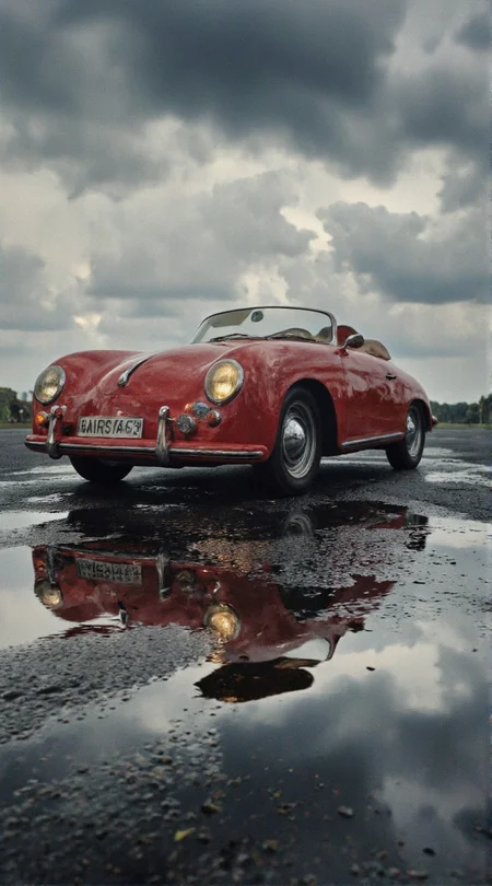 A cinematic photo. A photo-realistic shoot from a low angle, focusing on a classic red sports car reflected in a puddle on a wet asphalt surface under a stormy sky. the car is positioned in the center of the image, with its headlights shining brightly, creating a striking contrast between the reflective surface and the cloudy sky in the background. it appears to be a 356 speedster, with a sleek, aerodynamic design and a classic, vintage look. the red color of the car stands out against the muted colors of the sky, making it the focal point of the photograph. the puddle reflects the car's sleek, streamlined design, while the dark, stormy clouds in the sky add to the dramatic effect, making the scene even more captivating. the overall mood is one of timelessness and sophistication, evoking a sense of classic car photography with a focus on timelessness.