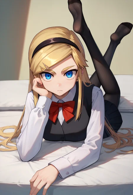 score_9, score_8_up, score_7_up, 1girl,  Kojikira, blonde hair, long hair, blue eyes, hairband, hairpin,  red bowtie, black vest, white shirt, black skirt,   on stomach, black pantyhose, legs up, looking at viewer, head rest,    <lora:Akira-000008:1>