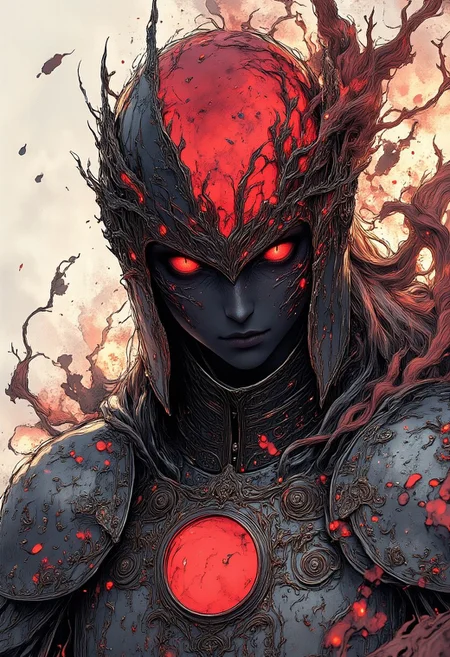 nistyle, A gritty cinematic hyperdetailed Manga Sketch Showing an hkevil spectral haunting shadow Knight with a orb instead of a head, a horned goddess of war with armored pauldron, billowing translucent hair, Cleavage, Busty, billowing Aura, hood, shaded eyes, black skin, amazing Details, high Quality and hyperdetailed realistic, volumetric lighting, Studio Ghibli Dark Fairytale, DARK Red, Grey, beige and black color graded