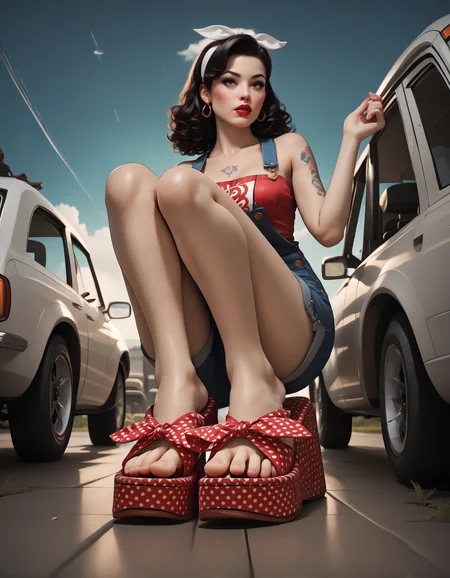 score_9, score_8_up, score_7_up, score_6_up, score_5_up, score_4_up,
from below, (from side:0.6),
outdoors, field,
1girl, r0ckabilly, lipstick, earrings, tattoo, curly hair, white hairband,
tube top, bib overalls,
medium breasts,
(squatting), leaning on a car, classic car, car,
(m1nn1e sandals), feet, toes, foot focus,
embedding:zPDXL2 ,