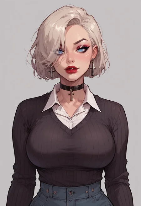 score_9, score_8_up, score_7_up, score_6_up, 1girl, solo, standing,18 years old, long platinum blonde hair over one eye,sexy girl, beautiful ice blue eyes,fit body,big round breasts, confident, makeup, red lipstick, lip gloss, eyeshadow,black choker, black sweater,collared shirt, cross earrings,shirt, sweater, white shirt,((wide hips))
