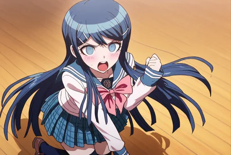 (((solo))), masterpiece, best quality, very aesthetic, modern, modern anime, aerial view , optamistic expression , (((solo))),danganronpa_(series),<lora:Sayaka_Maizono_Illustrious:1>, This anime screencap is from Danganronpa the Animation. . Sayaka Maizono looks at the viewer with a determined expression. Her mouth is open as if she's about to speak. She is on a school stage in Hope's Peak, with the outline of the stage shadow on the yellow floor beneath her, and with the light shining on her face from the upper right. Sayaka is shaking her fist as she proclaims her will to survive. Sayaka Maizono has her long blue hair down. She is wearing the white and blue Hope's Peak Academy uniform with a white top. Her sleeves reach her wrists. She's wearing a light pink ribbon. She has a short, pleated, blue skirt. Sayaka Maizono wears navy blue thigh-high socks. Her footwear is dark brown Mary Janes shoes.