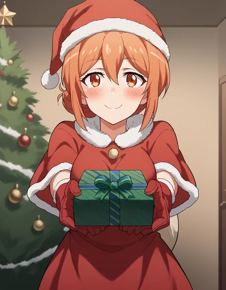 score_9, score_8_up, score_7_up, source_anime, <lora:mother-yuigahama-s2s3-ponyxl-lora-nochekaiser:1>, yuigahamama, hair bun, mature female, orange eyes, orange hair, short hair, single hair bun, hair between eyes, sidelocks, large breasts, <lora:santa-costume-ponyxl-lora-nochekaiser:1>, santa costume, santa hat, christmas, sack, merry christmas, gift, fur-trimmed headwear, holding sack, santa dress, fur-trimmed dress, christmas tree, christmas tree, fur trim, red capelet, gift box, red gloves, fur-trimmed capelet, santa gloves, red hat, hat,, smile, blush, looking at viewer, <lora:incoming-gift-ponyxl-lora-nochekaiser:1>, incoming gift, outstretched arms, holding, holding gift, gift, gift box,,