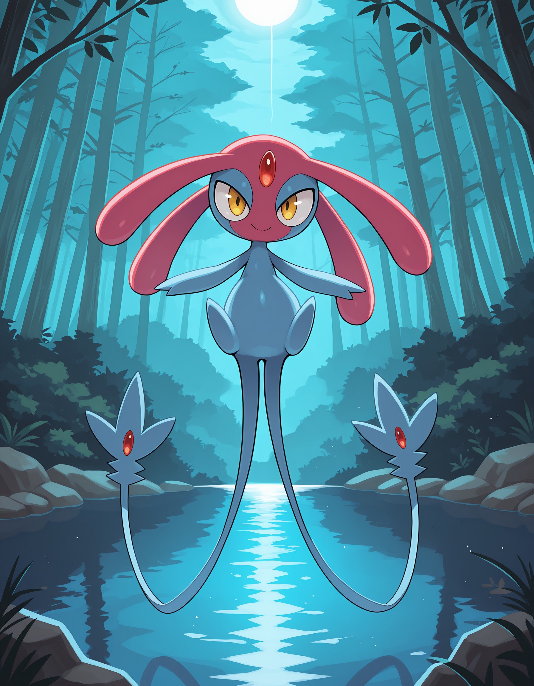 masterpiece, best quality, amazing quality, very detailed, newest, no humans, WnMsprt, 2 tails, multicolored skin, yellow eyes, blue skin, forehead gem, red gem, pokemon \(creature\), (solo), full body, cinematic lighting, lake, floating, smile, looking at viewer, <lora:25f33656-fa2a-4e2a-afd6-c3d20924c77c:0.9>