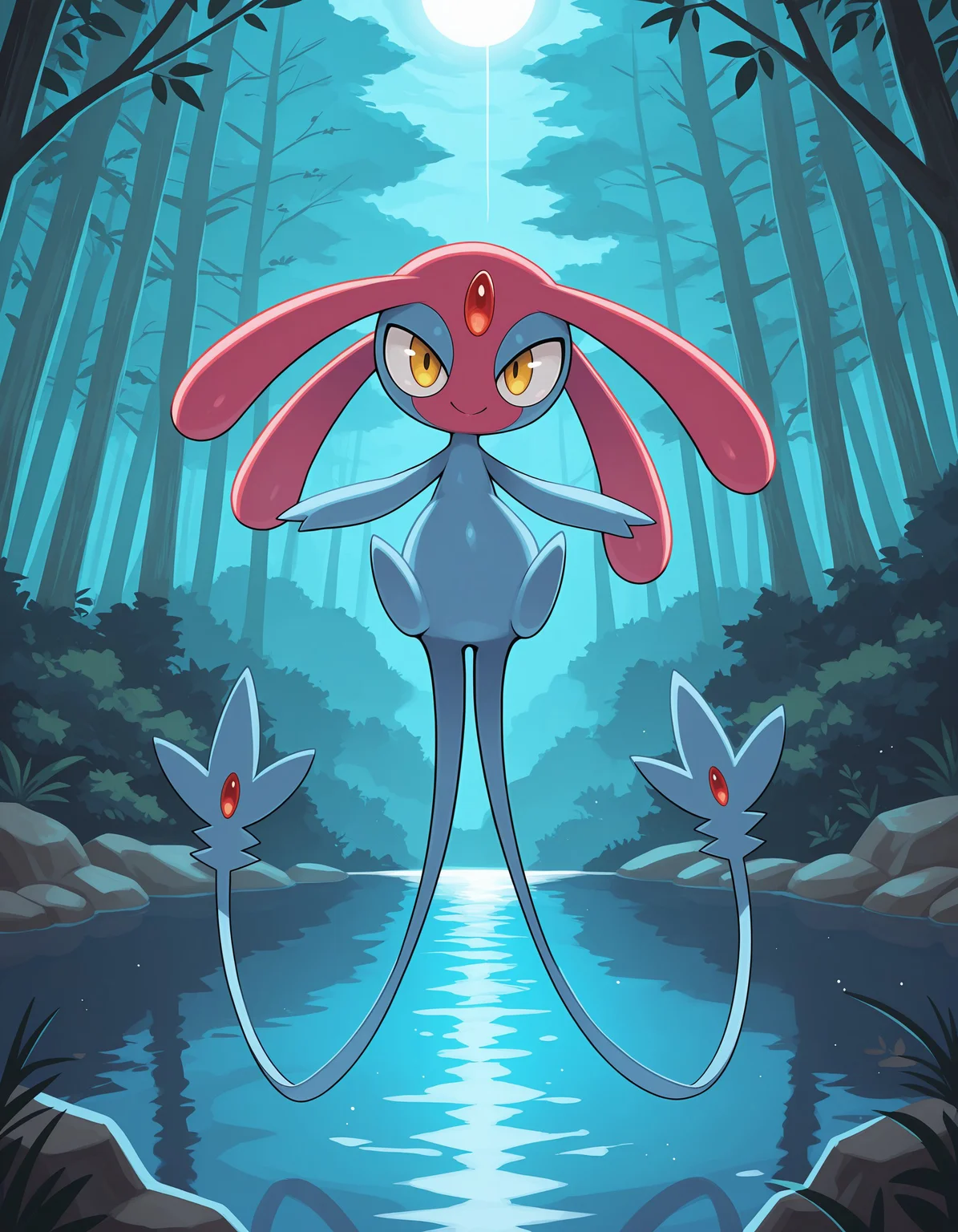 masterpiece, best quality, amazing quality, very detailed, newest, no humans, WnMsprt, 2 tails, multicolored skin, yellow eyes, blue skin, forehead gem, red gem, pokemon \(creature\), (solo), full body, cinematic lighting, lake, floating, smile, looking at viewer, <lora:25f33656-fa2a-4e2a-afd6-c3d20924c77c:0.9>