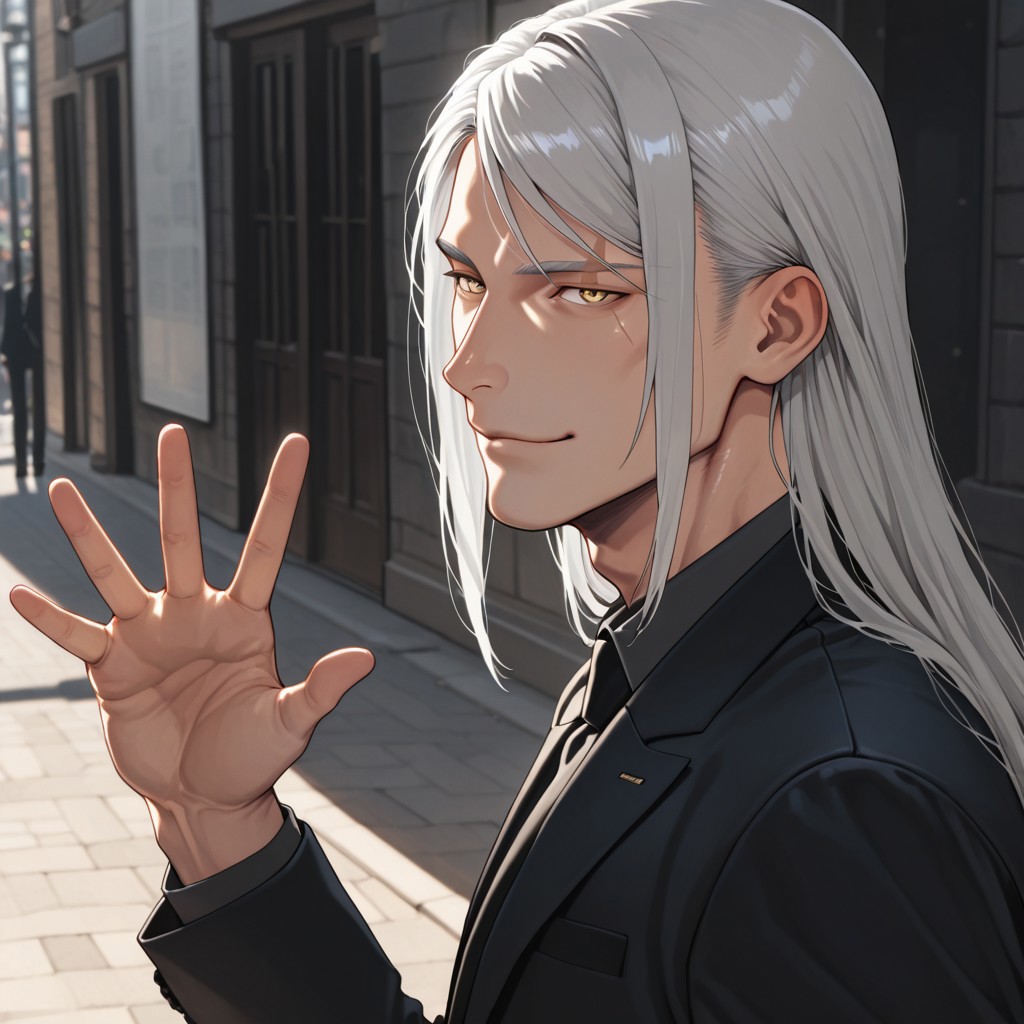 masterpiece, best quality, amazing quality, absurdres, newest, detailed background, definition so sharp, Ultra-HD, 8K cinematic, very awa, impressionate, amazing quality, highres, 
solo, male focus, manly, shadow, shiny skin, mature male, extream close-up, soft coloring,
mitsuhisahachiya, mitsuhisa_grey hair, mitsuhisa_yellow eyes, 1boy, long hair, scar across eyebrow, gentleman, understated_elegance, classic_suit, attentive_listener, observant, kind_gesture, subtle_smile, respectful, old_fashioned_charm, wise_expression, calm_demeanor, quiet_confidence, hand_in_pocket, city_stroll