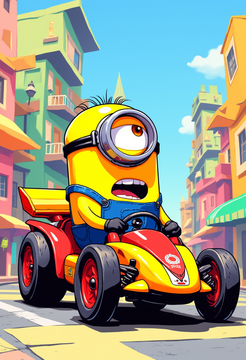 Inkpunk Anime, Cartoony, despicable me minion driving a cartoon racecar