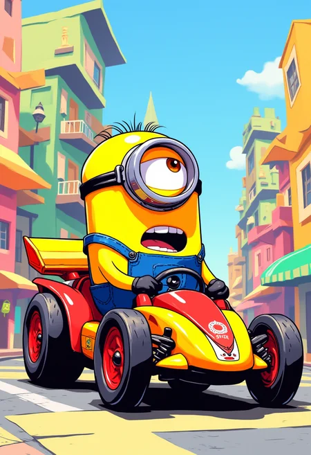 Inkpunk Anime, Cartoony, despicable me minion driving a cartoon racecar