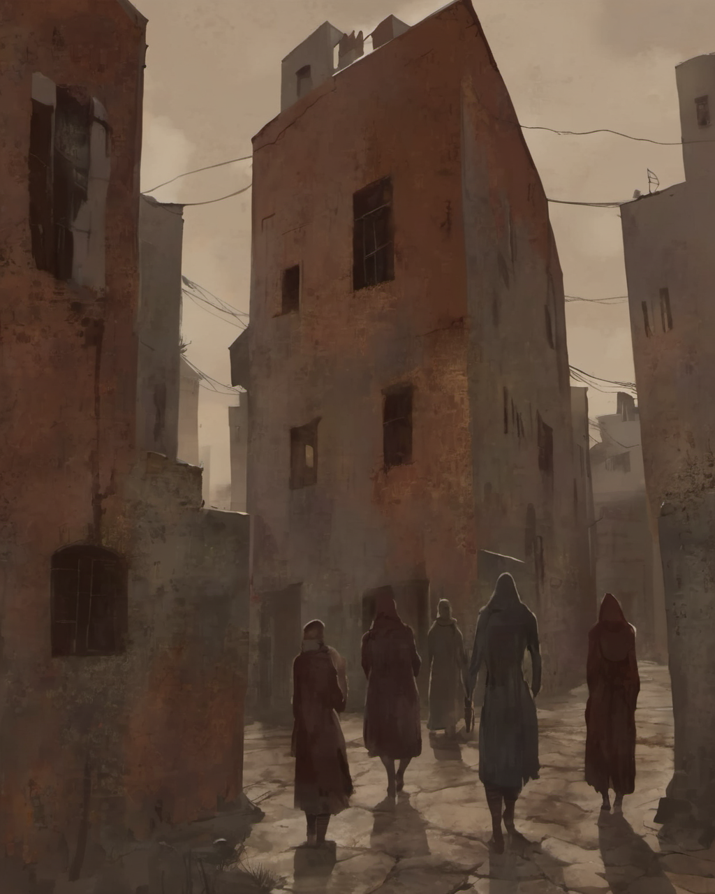 <lora:PathologicStyleXL:1>, a back alley with people walking , pathologic style