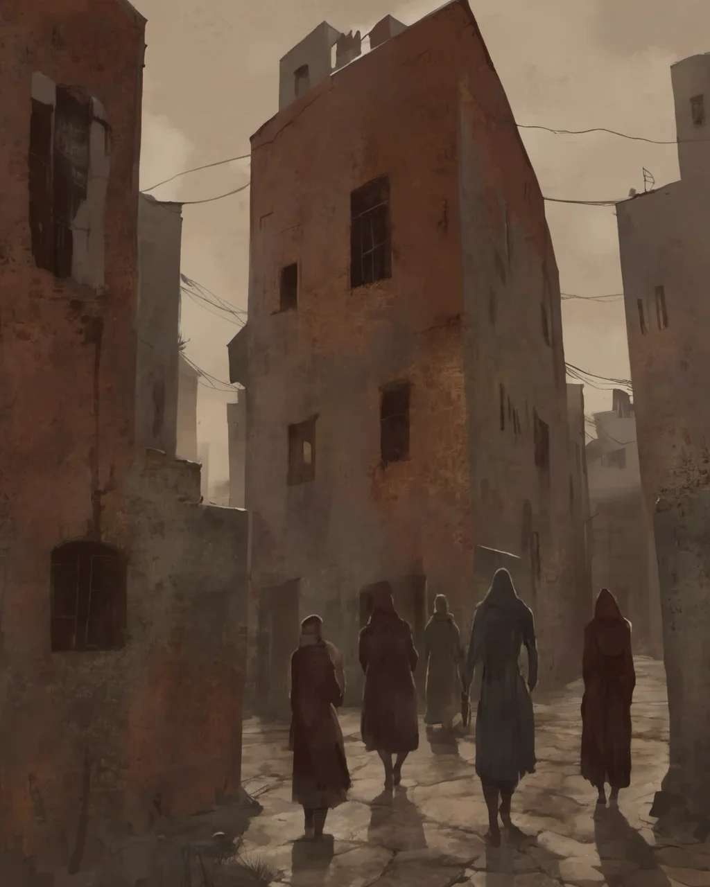 <lora:PathologicStyleXL:1>, a back alley with people walking , pathologic style