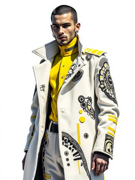 A minimalistic white-toned macro illustration depicting a Serbian (male cyborg:1.21) modelling a punk police uniform that utilises terrycloth and voile material. The clothing billows around the person and is decorated with intricate black and yellow ebru designs. The overall feel of the image is dynamic and impossible. Additionally, the backdrop shows comcept drawings of the clothing, rendered in fine flowing lines and appliqued silverleaf. The general effect is of timeless fine art elegance. <lora:midjourney_whisper_avant_couture_v01:1>