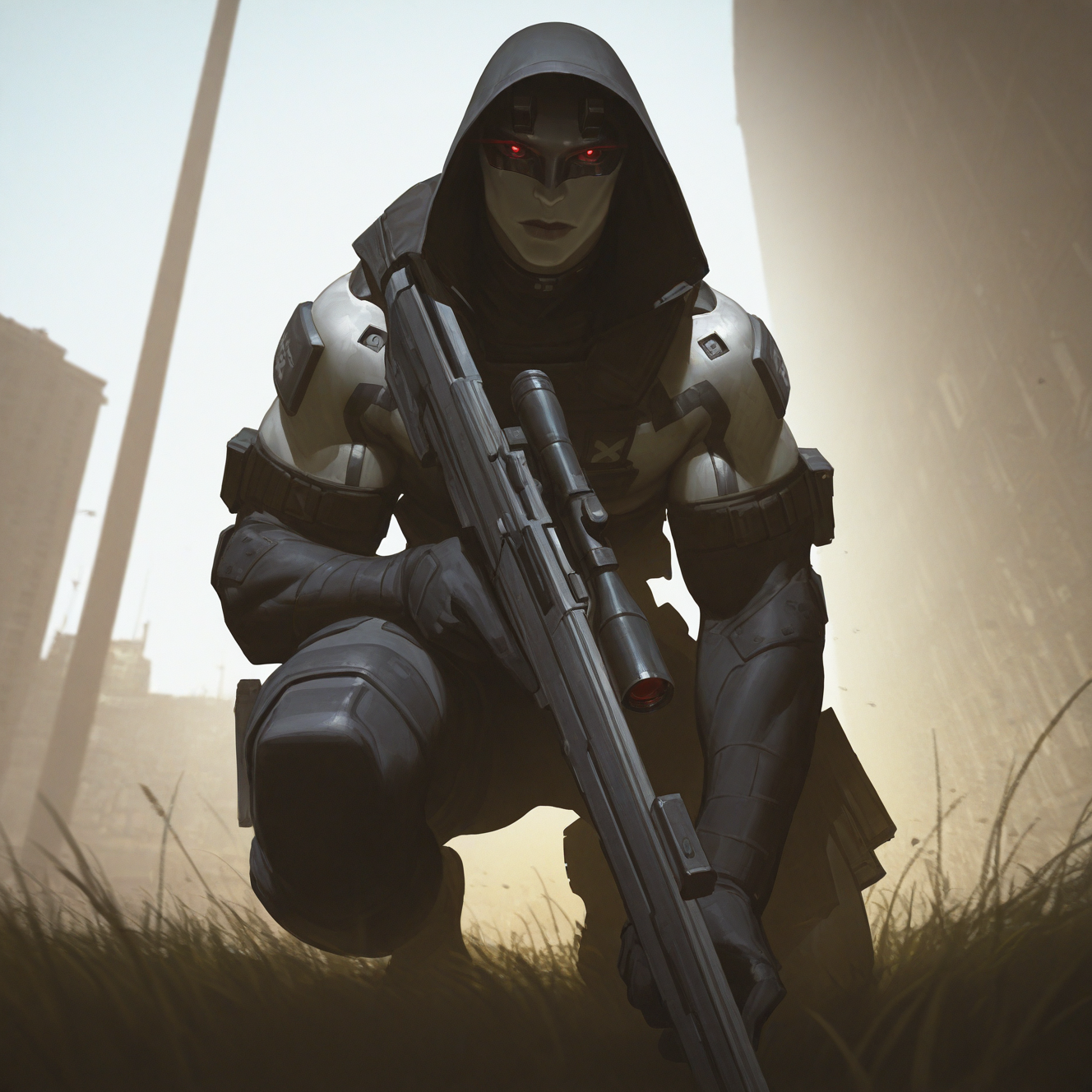 <lora:VOID:1> void, solo,((square iris)), looking at viewer, handsome, black hair, 1boy, red eyes, holding, weapon, male muscular, outdoors, hood, holding weapon, armor, uniform, gun, military, grass, robot, holding gun, building, pale skin, hood up, rifle, science fiction, realistic, android, assault rifle, on one knee, sniper rifle, damaged, photo background, scope, soldier, bulletproof vest, photo inset, battle rifle, body armor, metal skin, glowing, glowing eyes, police, dynamic perspective, detailed background, motion blur, film grain, abstract, natural lighting, fantasy, cinematic, dynamic view, tilted angle, very awa, masterpiece, best quality, absurdres, newest, perfect quality, detailed background, intricate details, (artist:fl \(l-fl\):0.7), (artist:tooboshoo:0.7), (artist:dizdoodz:0.8)