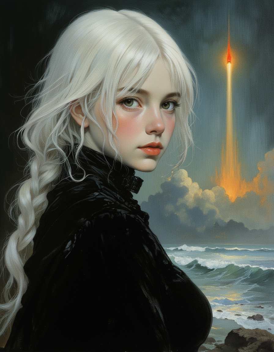 masterpiece, high quality, Oil Painting, Hyper-realistic, hyper-detailed close-up portrait, oil painting, 14 years old girl, albino, green eyes, white hair, small nose, thin neck, smooth skin, long eyelashes, thick eyebrows, pale skin, white skin, futuristic black dress, full body shoot, in front of a space ship that is launching into space, focus on the girl, shadow and light, Masterpiece, intricate lines, intriguing atmosphere, sharp magnificent details, delicate features, elaborate details, (2\3 rule composition:0.5), ultra detailed, romantic, Rembrandt lighting, brush stroke, lovely, del1cate_balance style, in the style of Rembrandt. vantablack <lora:style_of_Rembrandt_FLUX_135:.8> <lora:- Flux1 - vanta_black_V2.0:.8> <lora:Delicate_Balance:.3> <lora:neeeg_f1:-.5> <lora:supergirl_flux_v1:.8> <lora:Elden_Ring_-_Yoshitaka_Amano:.4> <lora:frazetta_flux_v2:.7>