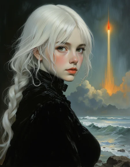 masterpiece, high quality, Oil Painting, Hyper-realistic, hyper-detailed close-up portrait, oil painting, 14 years old girl, albino, green eyes, white hair, small nose, thin neck, smooth skin, long eyelashes, thick eyebrows, pale skin, white skin, futuristic black dress, full body shoot, in front of a space ship that is launching into space, focus on the girl, shadow and light, Masterpiece, intricate lines, intriguing atmosphere, sharp magnificent details, delicate features, elaborate details, (2\3 rule composition:0.5), ultra detailed, romantic, Rembrandt lighting, brush stroke, lovely, del1cate_balance style, in the style of Rembrandt. vantablack <lora:style_of_Rembrandt_FLUX_135:.8> <lora:- Flux1 - vanta_black_V2.0:.8> <lora:Delicate_Balance:.3> <lora:neeeg_f1:-.5> <lora:supergirl_flux_v1:.8> <lora:Elden_Ring_-_Yoshitaka_Amano:.4> <lora:frazetta_flux_v2:.7>