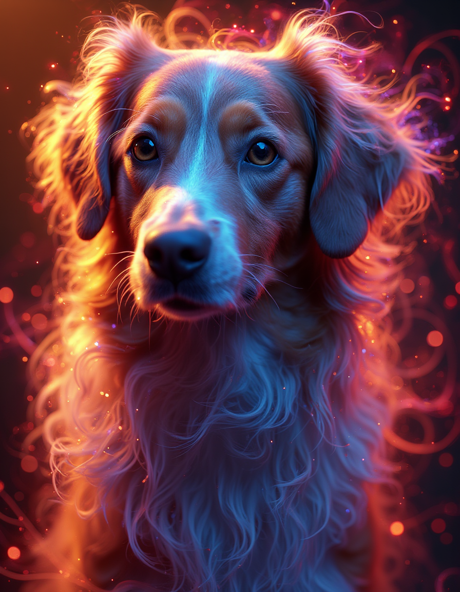 <lora:aura_v2_beta2:1>,auralora,the image features a dog with long hair. She has a determined expression on her face and is surrounded by a halo of bright light with intricate,colorful glow.,