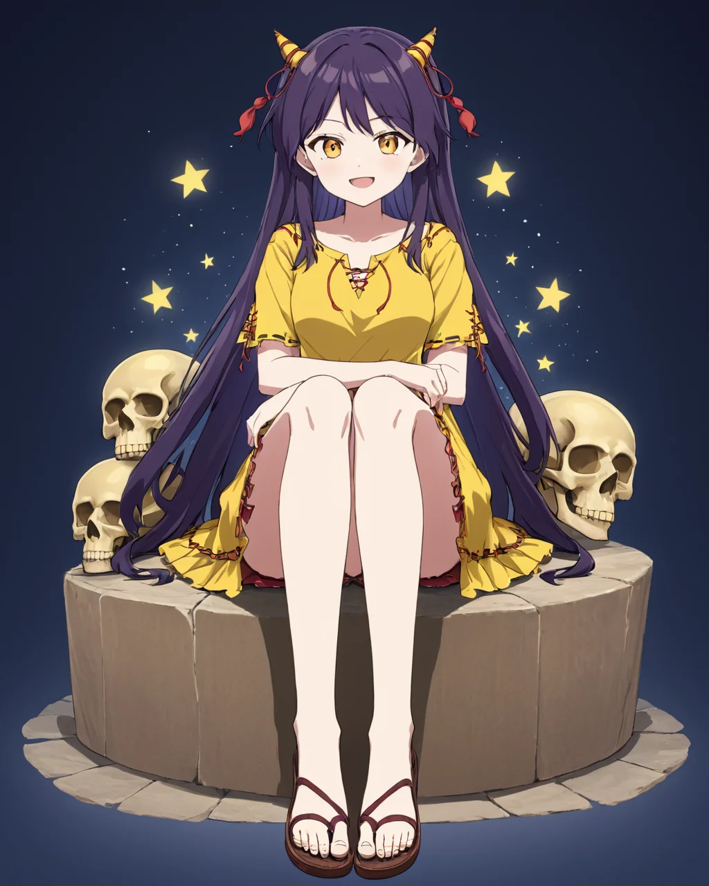nippaku zanmu,1girl, solo, horns, smile, open_mouth, sitting, skull, sandals, full_body, yellow_dress, ribbon_trim
<lora:nippaku_zanmu_image235_2023-12-20:1>,star-shaped_pupils,symbol-shaped_pupils,. gorgeous,key visual, vibrant, studio anime,award-winning, professional, highly detailed,high budget, cinemascope