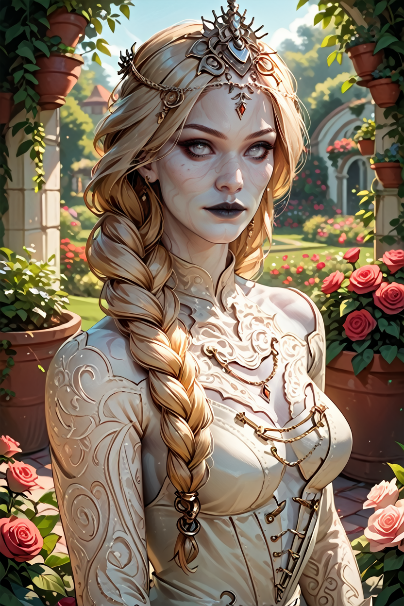 score_9, score_8_up, score_7_up, score_6_up
<lora:BGOrin:1.0>
BGOrin, 1girl, blonde hair, white eyes, colored skin, braid, long hair, looking at viewer, Looking over shoulder, rose garden, gardening, floral background